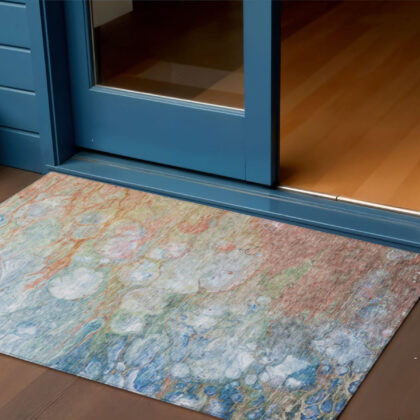 3' X 5' Copper Blue And Artichoke Green Abstract Washable Indoor Outdoor Area Rug