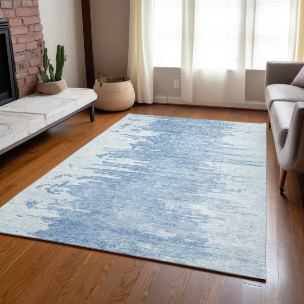 3' X 5' Sky Blue And Denim Blue Abstract Washable Indoor Outdoor Area Rug
