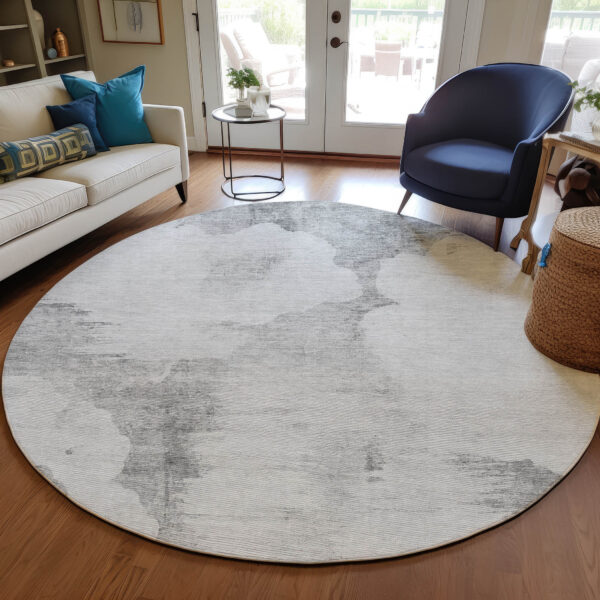 8' Silver Gray And Pewter Round Abstract Washable Indoor Outdoor Area Rug