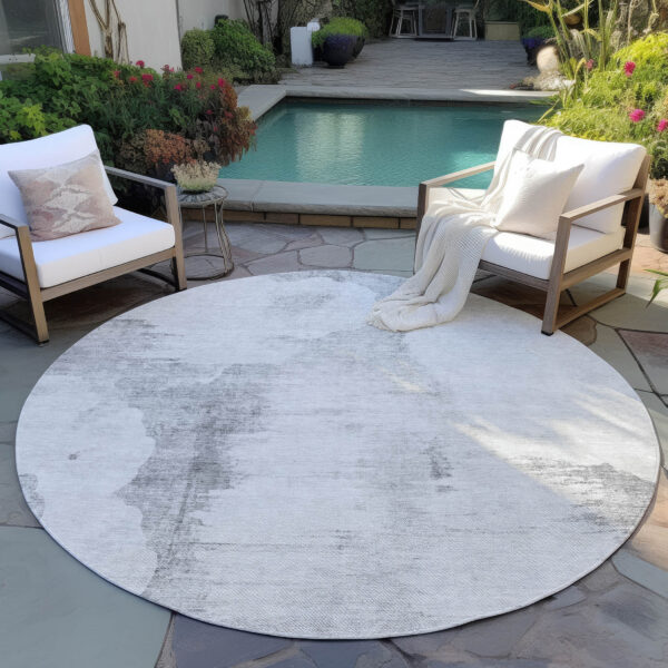 8' Silver Gray And Pewter Round Abstract Washable Indoor Outdoor Area Rug