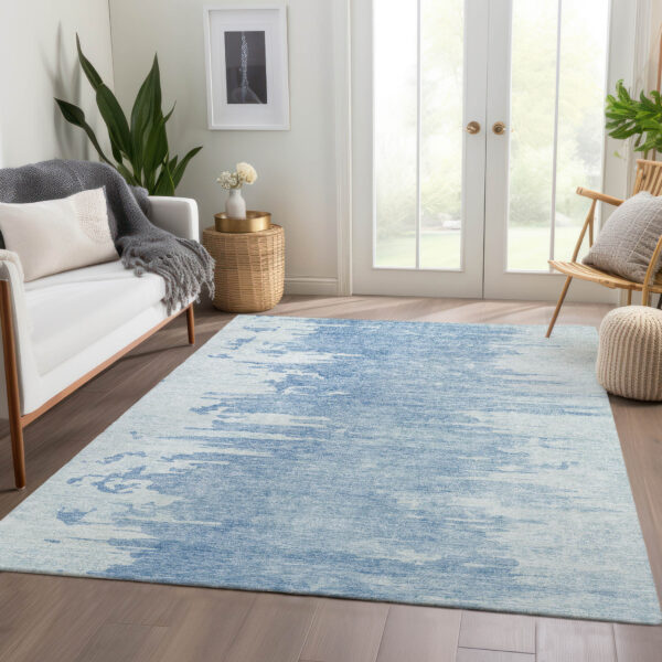 3' X 5' Sky Blue And Denim Blue Abstract Washable Indoor Outdoor Area Rug