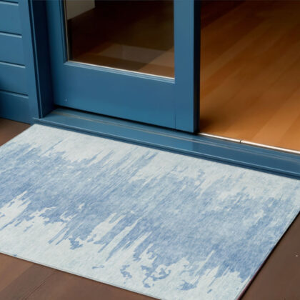3' X 5' Sky Blue And Denim Blue Abstract Washable Indoor Outdoor Area Rug