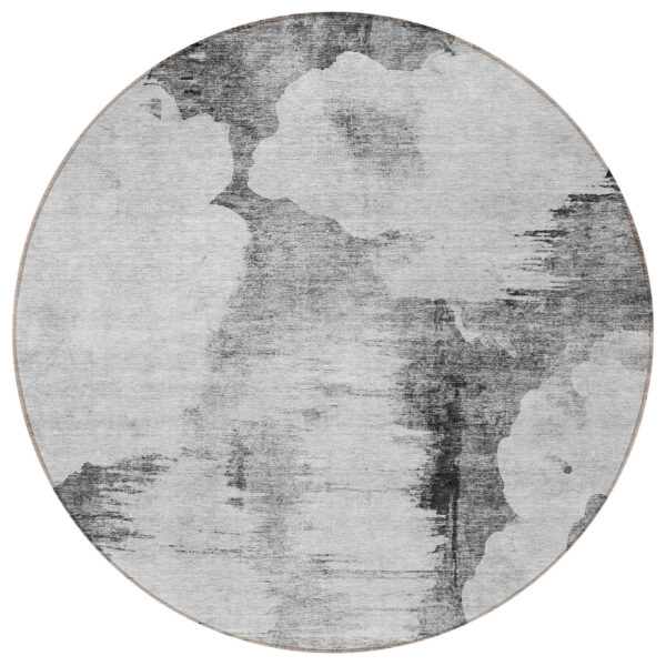 8' Gray Silver And Charcoal Round Abstract Washable Indoor Outdoor Area Rug