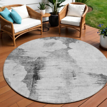 8' Gray Silver And Charcoal Round Abstract Washable Indoor Outdoor Area Rug