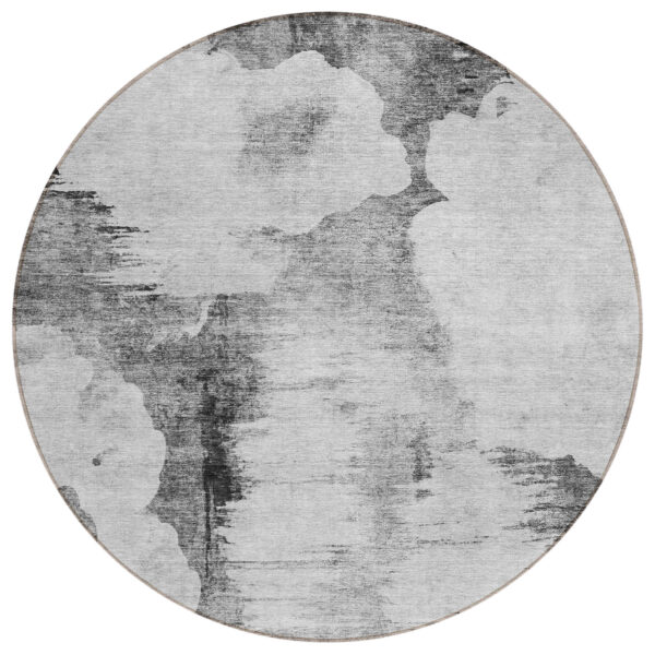 8' Gray Silver And Charcoal Round Abstract Washable Indoor Outdoor Area Rug