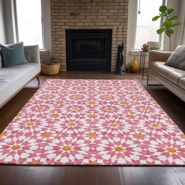 3' X 5' Pink Ivory And Orange Floral Medallion Washable Indoor Outdoor Area Rug