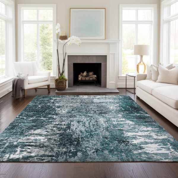 10' X 14' Teal Blue Gray And Charcoal Abstract Washable Indoor Outdoor Area Rug