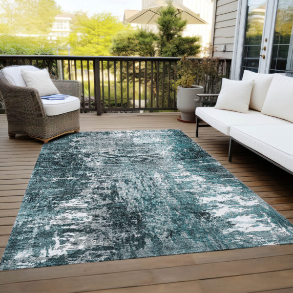 10' X 14' Teal Blue Gray And Charcoal Abstract Washable Indoor Outdoor Area Rug