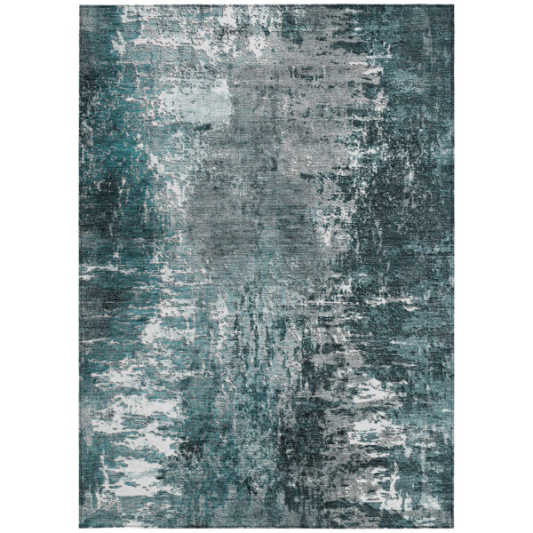 10' X 14' Teal Blue Gray And Charcoal Abstract Washable Indoor Outdoor Area Rug