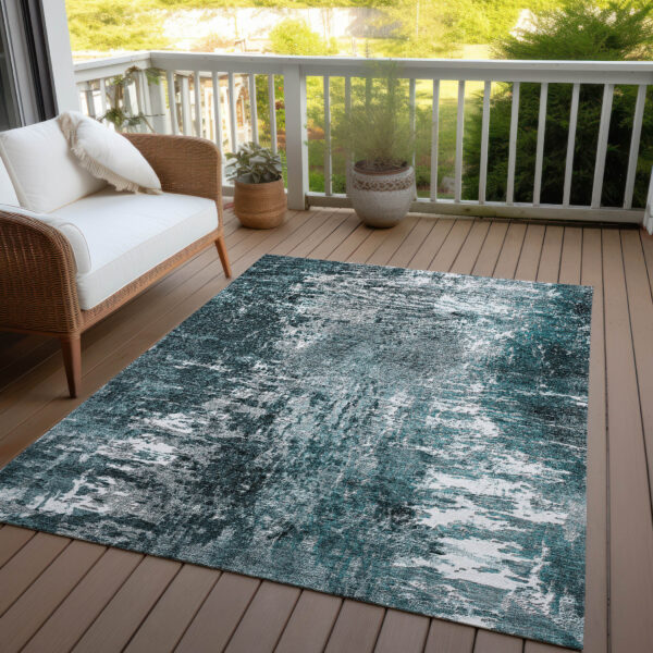 10' X 14' Teal Blue Gray And Charcoal Abstract Washable Indoor Outdoor Area Rug