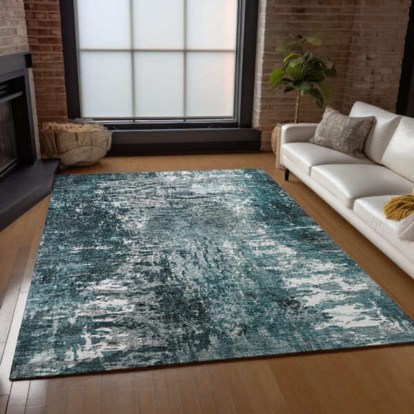 10' X 14' Teal Blue Gray And Charcoal Abstract Washable Indoor Outdoor Area Rug