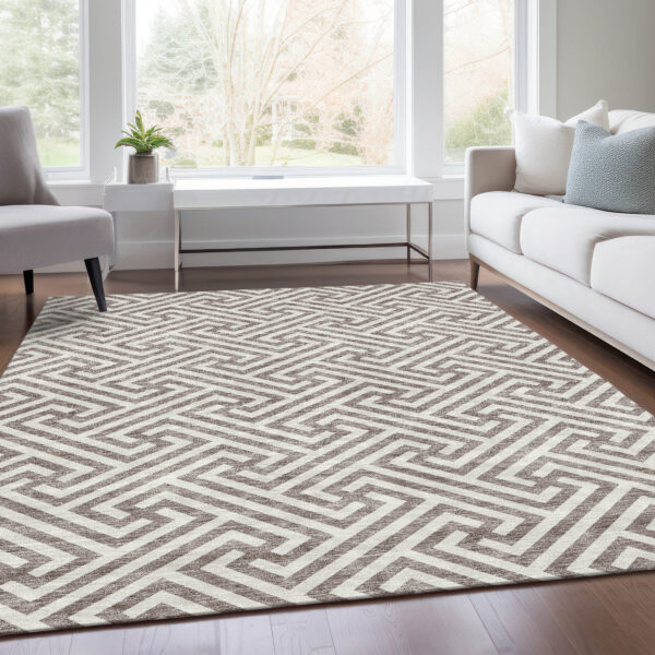 3' X 5' Taupe And Ivory Geometric Washable Indoor Outdoor Area Rug