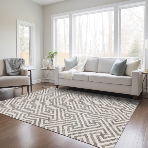 3' X 5' Taupe And Ivory Geometric Washable Indoor Outdoor Area Rug
