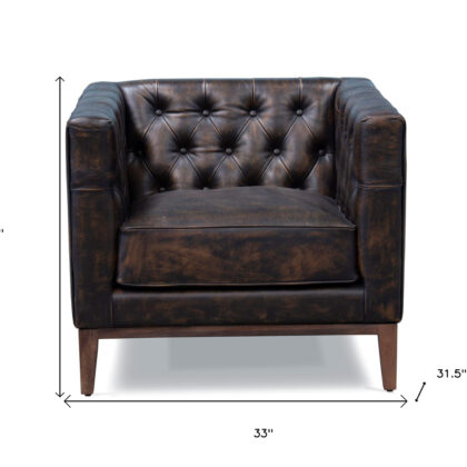 33" Brown and Black Antiqued Top Grain Leather Tufted Club Chair