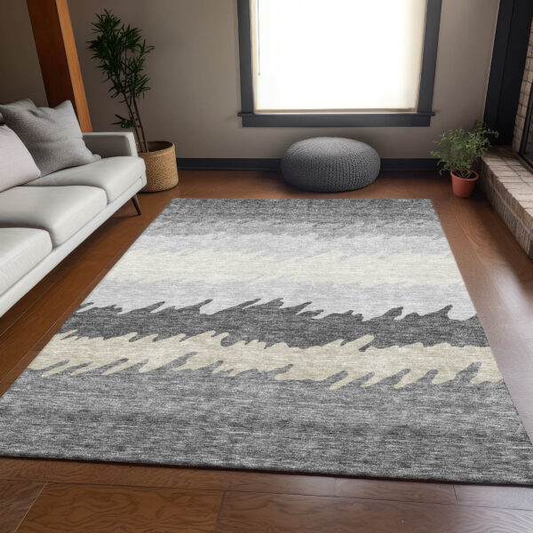 9' X 12' Gray Silver And Charcoal Striped Washable Indoor Outdoor Area Rug