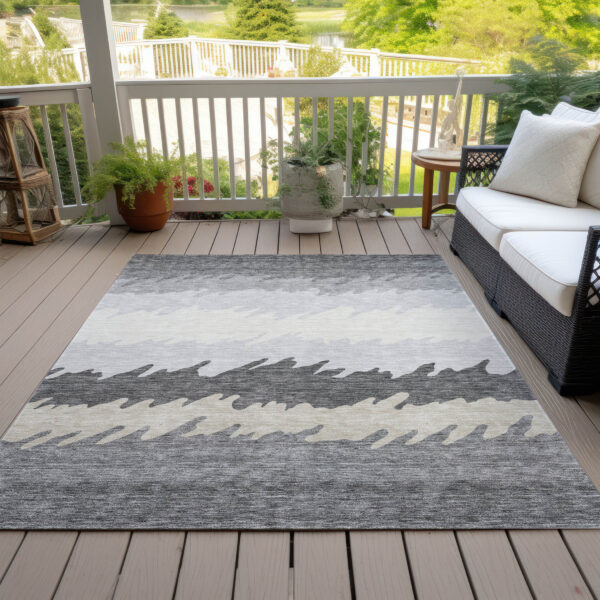 9' X 12' Gray Silver And Charcoal Striped Washable Indoor Outdoor Area Rug
