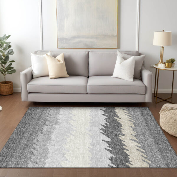9' X 12' Gray Silver And Charcoal Striped Washable Indoor Outdoor Area Rug