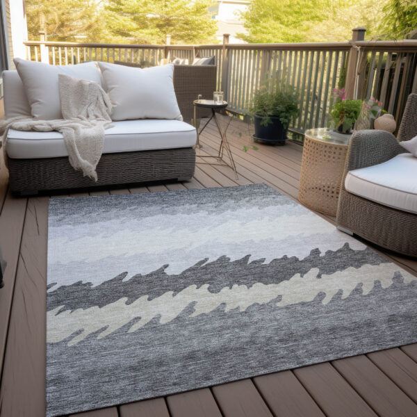9' X 12' Gray Silver And Charcoal Striped Washable Indoor Outdoor Area Rug
