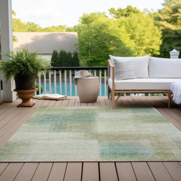 10' X 14' Artichoke Green And Beige Abstract Washable Indoor Outdoor Area Rug