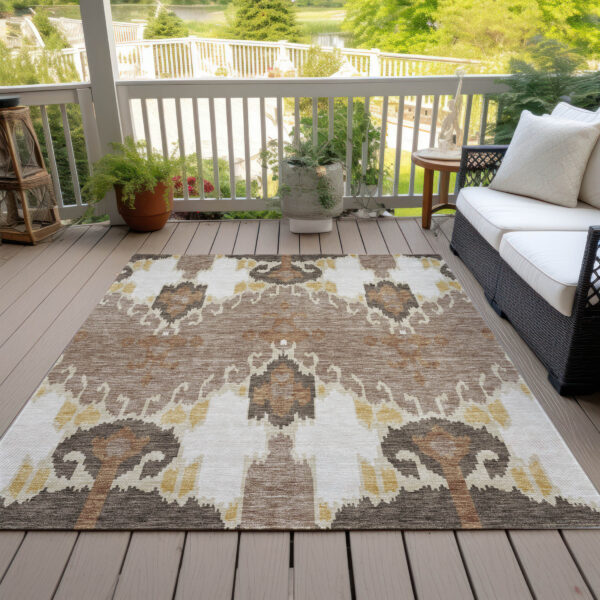 5' X 8' Brown Taupe And Beige Ikat Washable Indoor Outdoor Area Rug