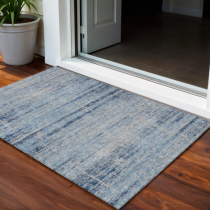 3' X 5' Sky Blue And Navy Blue Abstract Washable Indoor Outdoor Area Rug