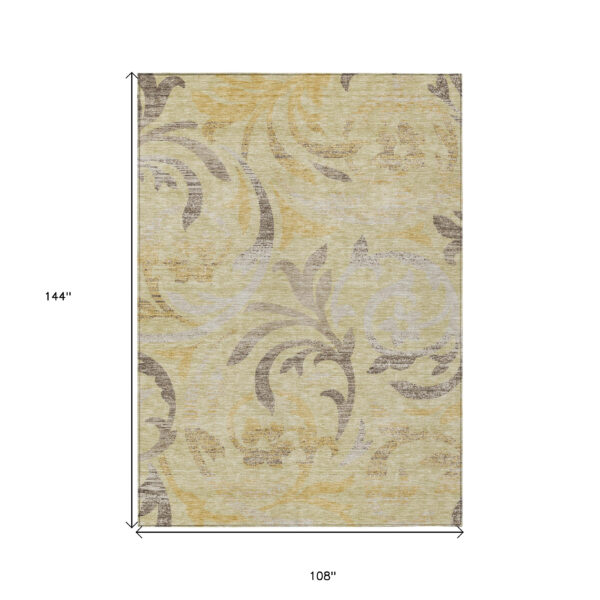 9' X 12' Gold Beige And Taupe Floral Washable Indoor Outdoor Area Rug