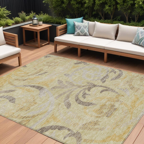 9' X 12' Gold Beige And Taupe Floral Washable Indoor Outdoor Area Rug
