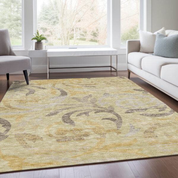 9' X 12' Gold Beige And Taupe Floral Washable Indoor Outdoor Area Rug