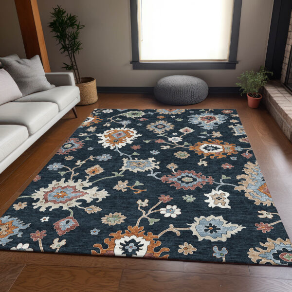 3' X 5' Black Blue And Ivory Floral Washable Indoor Outdoor Area Rug