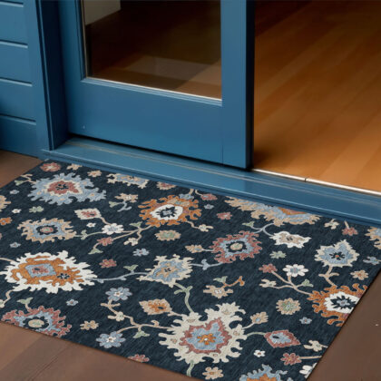 3' X 5' Black Blue And Ivory Floral Washable Indoor Outdoor Area Rug