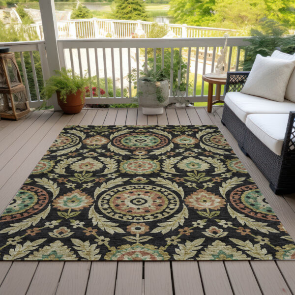 10' X 14' Black Gold And Copper Floral Washable Indoor Outdoor Area Rug