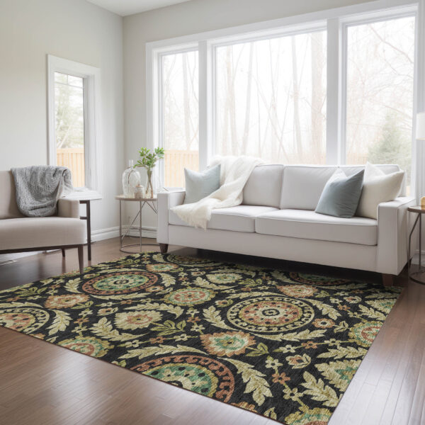 10' X 14' Black Gold And Copper Floral Washable Indoor Outdoor Area Rug