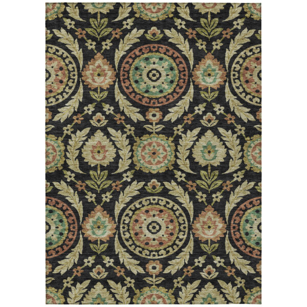 10' X 14' Black Gold And Copper Floral Washable Indoor Outdoor Area Rug