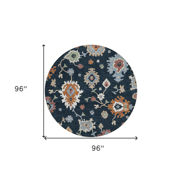 8' Black Blue And Ivory Round Floral Washable Indoor Outdoor Area Rug