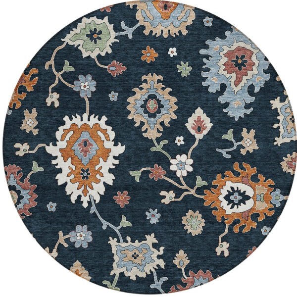 8' Black Blue And Ivory Round Floral Washable Indoor Outdoor Area Rug