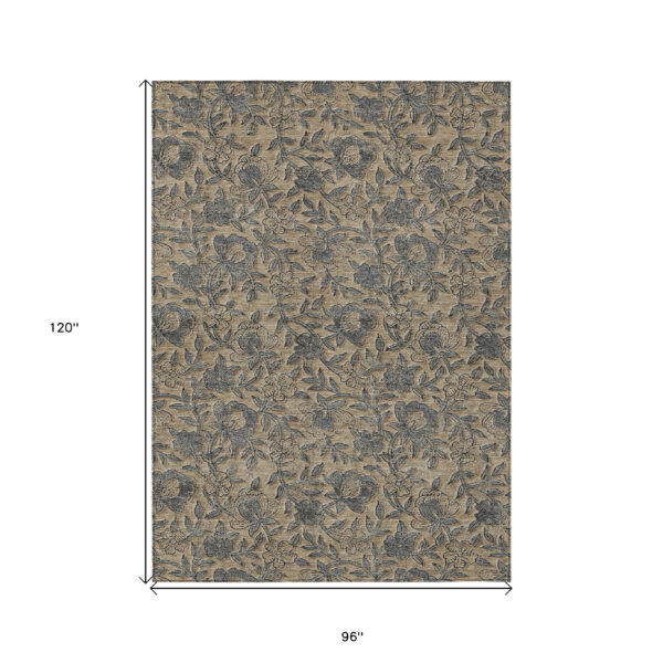 8' X 10' Khaki Beige And Gray Floral Washable Indoor Outdoor Area Rug