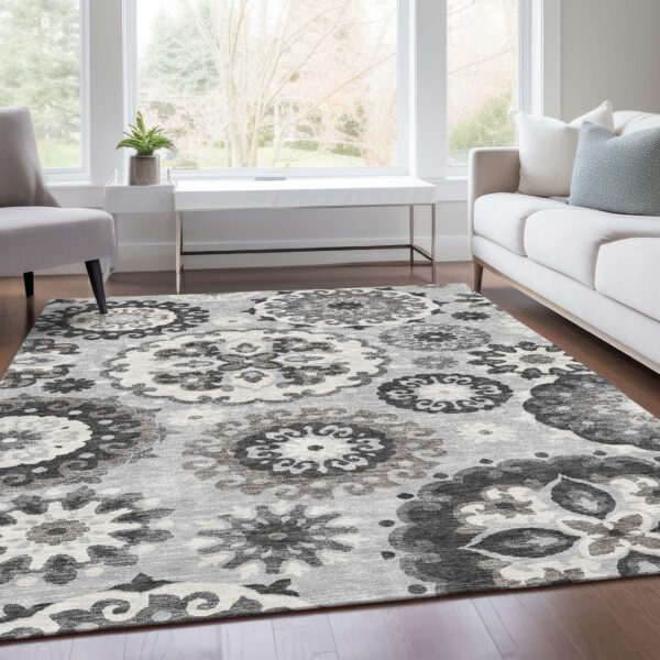 8' X 10' Silver Gray And Ivory Floral Medallion Washable Indoor Outdoor Area Rug