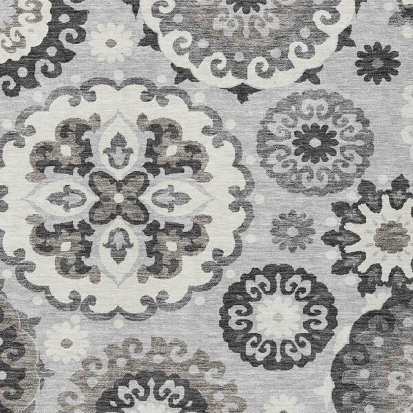 8' X 10' Silver Gray And Ivory Floral Medallion Washable Indoor Outdoor Area Rug