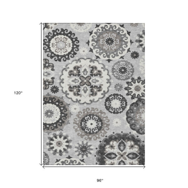 8' X 10' Silver Gray And Ivory Floral Medallion Washable Indoor Outdoor Area Rug