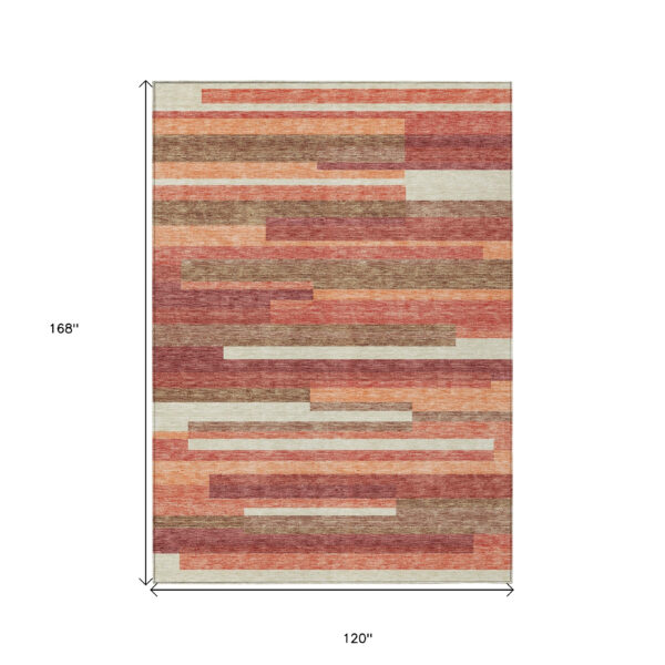 10' X 14' Coral Peach And Taupe Striped Washable Indoor Outdoor Area Rug