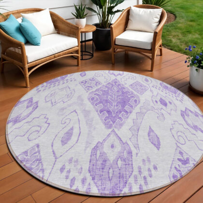 8' Purple Lavender And Ivory Round Moroccan Washable Indoor Outdoor Area Rug