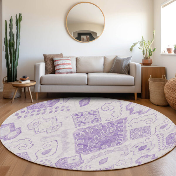 8' Purple Lavender And Ivory Round Moroccan Washable Indoor Outdoor Area Rug
