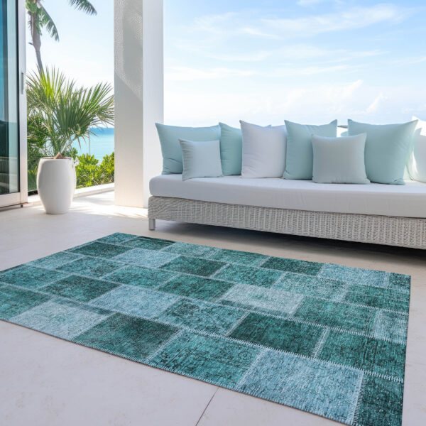10' X 14' Teal Blue Aqua And Charcoal Patchwork Washable Indoor Outdoor Area Rug