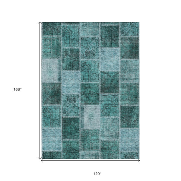 10' X 14' Teal Blue Aqua And Charcoal Patchwork Washable Indoor Outdoor Area Rug