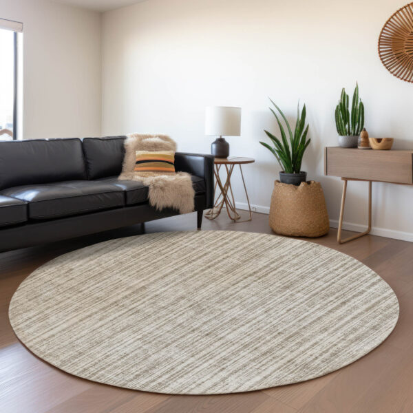 8' Taupe And Beige Round Striped Washable Indoor Outdoor Area Rug