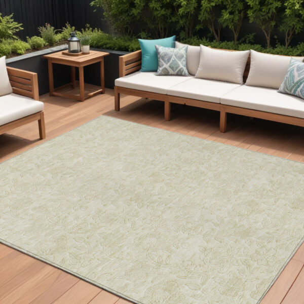 10' X 14' Ivory And Beige Floral Washable Indoor Outdoor Area Rug
