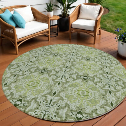 8' Artichoke Green And Fern Green Round Medallion Washable Indoor Outdoor Area Rug