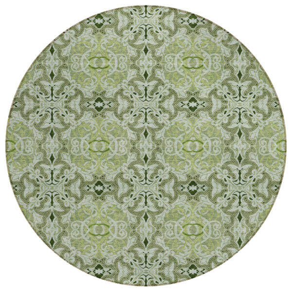 8' Artichoke Green And Fern Green Round Medallion Washable Indoor Outdoor Area Rug