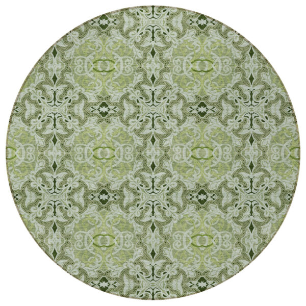 8' Artichoke Green And Fern Green Round Medallion Washable Indoor Outdoor Area Rug
