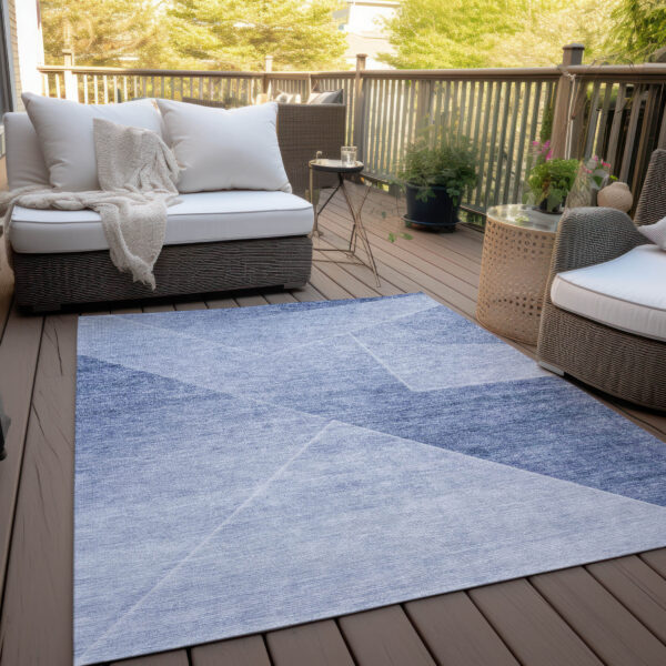 9' X 12' Navy Blue And Denim Blue Abstract Washable Indoor Outdoor Area Rug